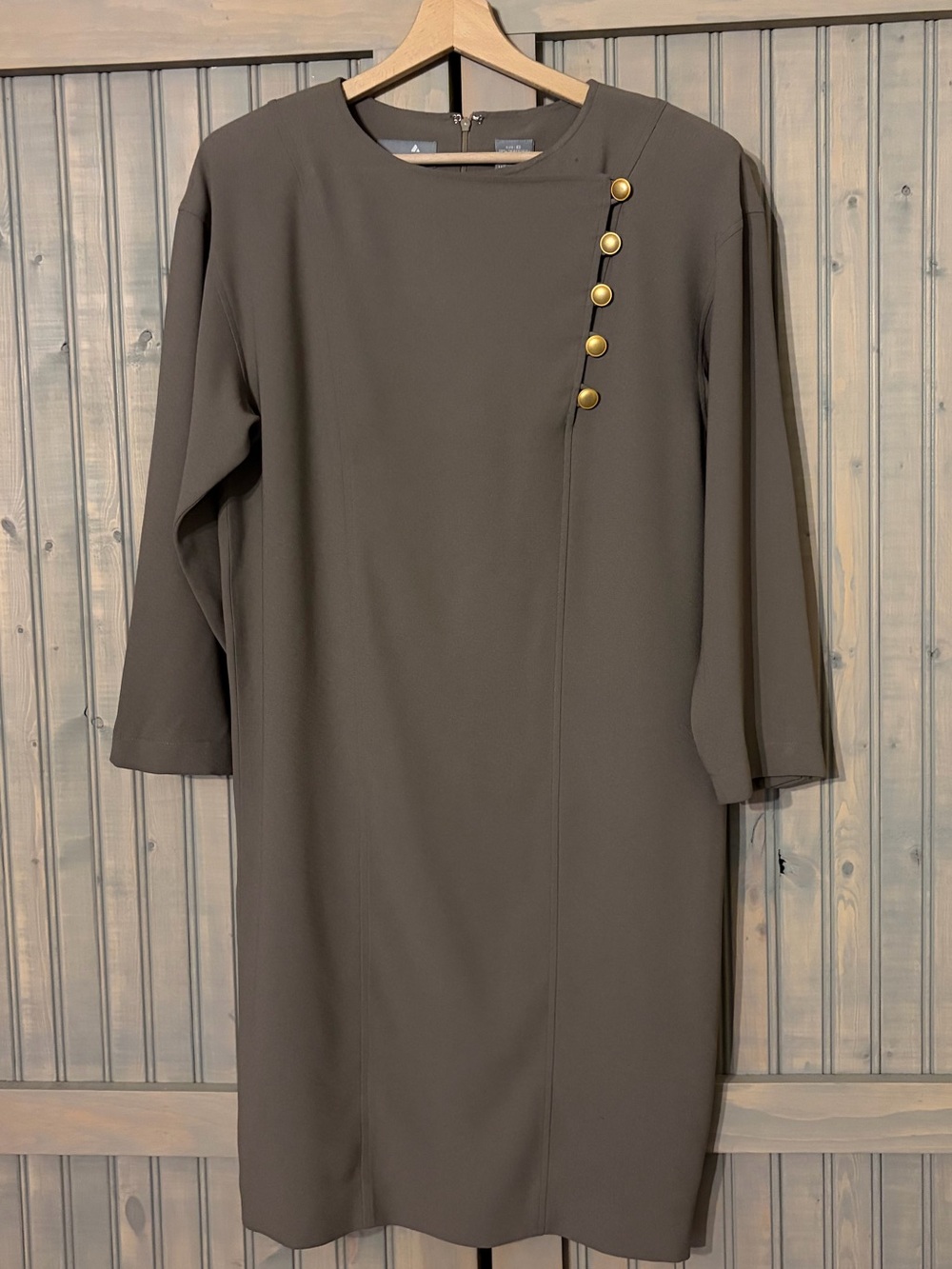 Classic Grey Shift Dress with Gold Button Detail